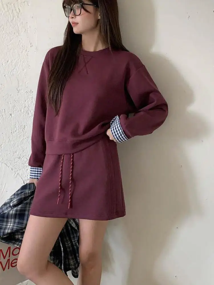 

Autumn Women Blue Grey Red Patchwork Plaid Elegant Long Sleeved Tops And High Waist Drawstring Lace-up Short Skirt Two Piece Set