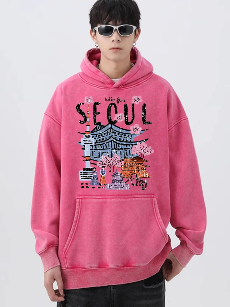 Vintage Distressed Washing Seoul City Beautiful Scenery Clothes Men High Quality Hoody Streetwear Warm Autumn Cotton Sweatshirt