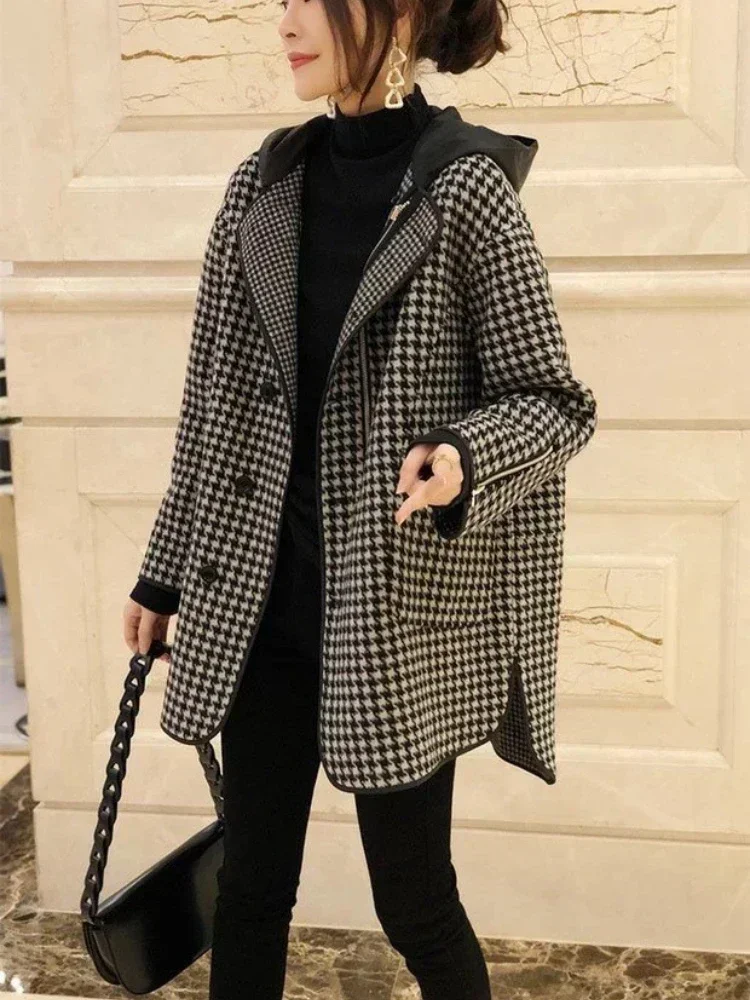 Giacche per le donne primavera autunno nuova moda coreana impiombata capispalla con cappuccio Plaid cappotto da donna sciolto abbigliamento femminile Casual