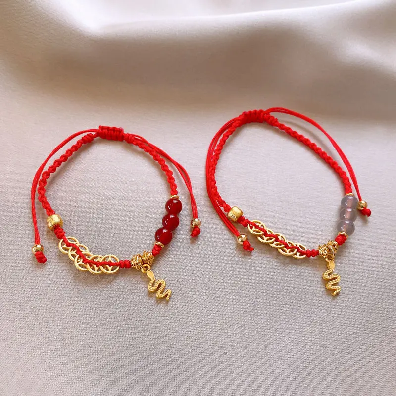 2025 Year of The Snake Zodiac Benmingnian Red Rope Bracelets Women's Golden Copper Money Gold Ingot Red Woven Hand Rope Gifts