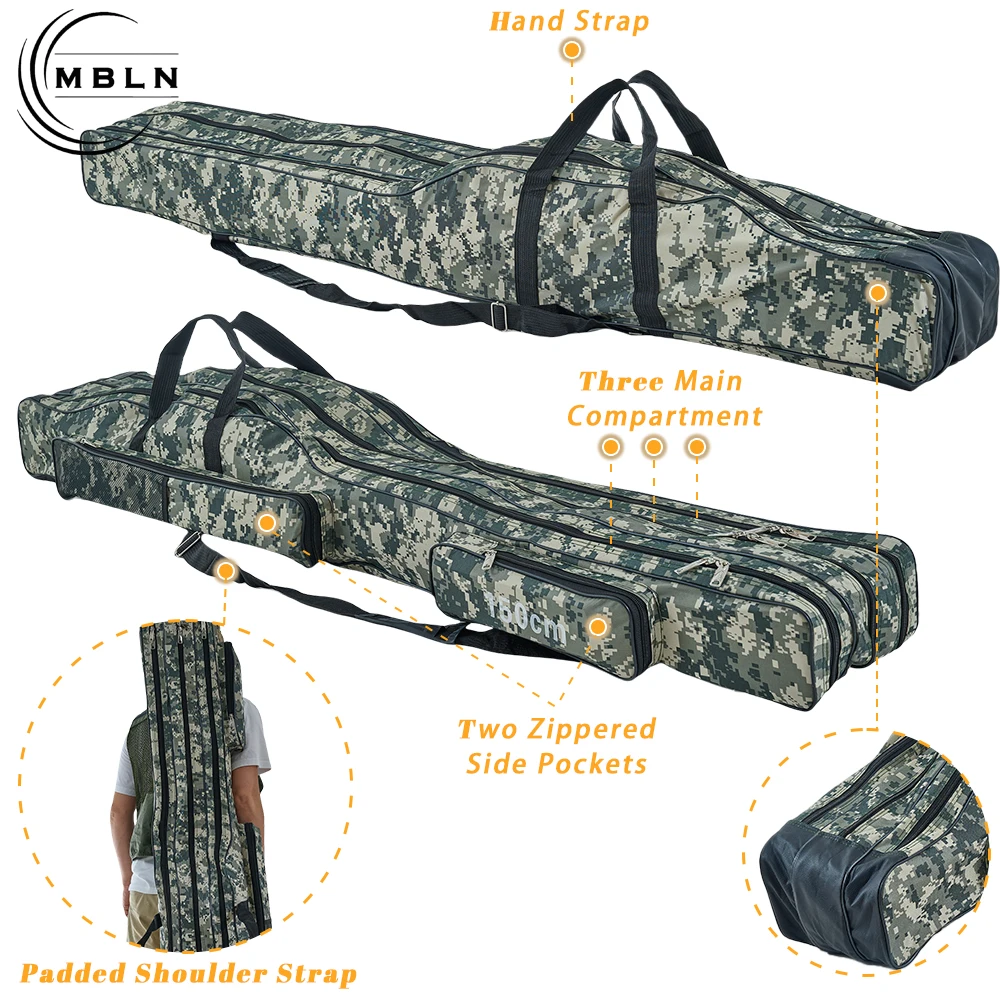 MBLN 59in Waterproof Fishing Rod Bag – 3-Layer Polyester Tackle Case with 2 Side Pockets, Foldable & Portable for Easy Storage view 2