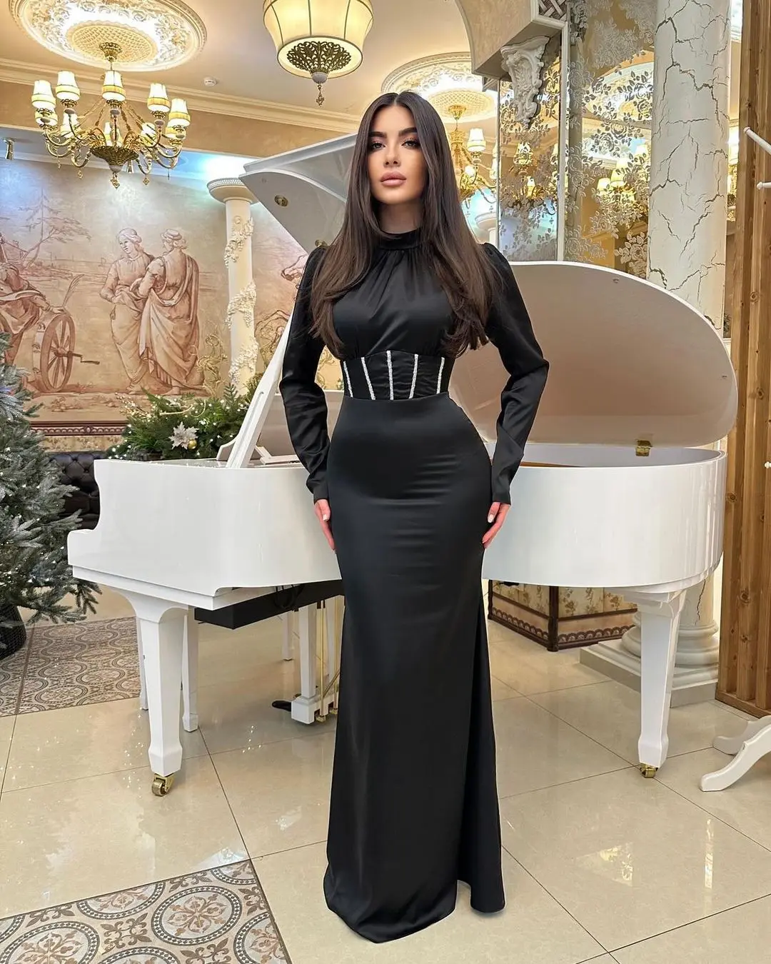 

Vintage Mermaid Prom Dresses Long Sleeves O-Neck Evening Dresses Floor Length Elegant Party Dresses vestidos de fiesta