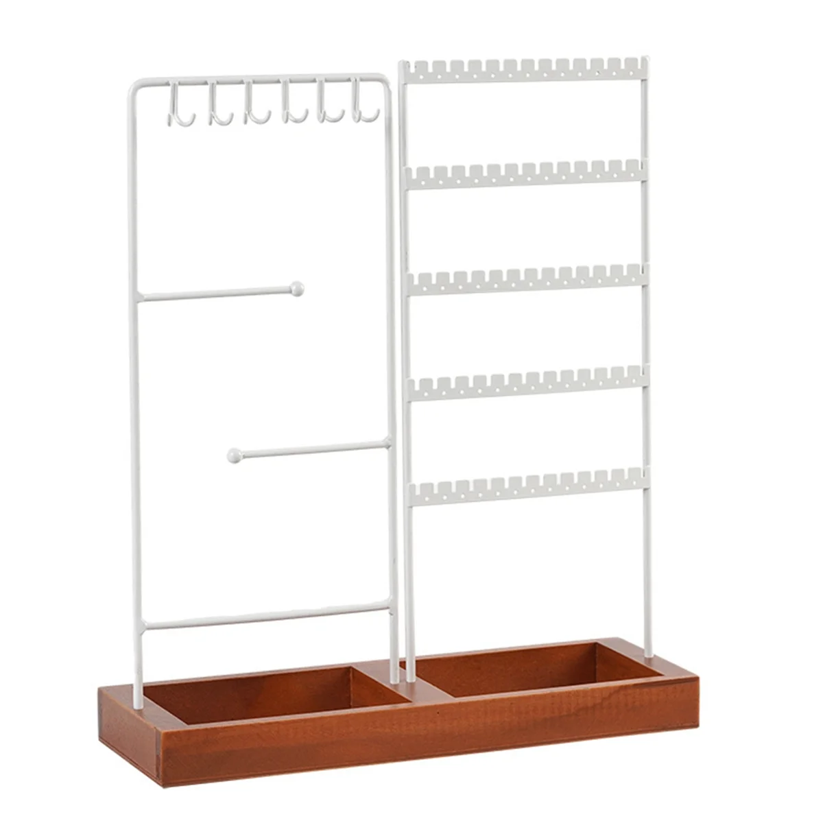 

Earrings Hanger Iron Stand 5 Tier Earrings Rack with Wooden Base for Earrings Necklaces Bracelets Rings-White