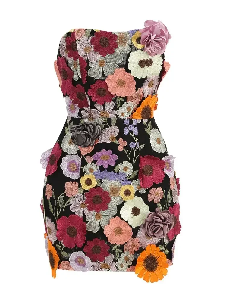 Summer Women Ladies Sexy Handmade Heavy Floral Flower Embroidery Mesh Sheer Strapless Mini bodycon Dress