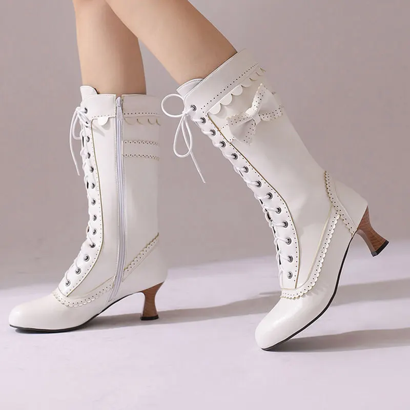 

Women's Mid Calf Boots Round Toe Female Shoes Rubber Low Ladies Large Size Med Solid Fabric Slip-On Mid-Calf Hoof Heels Flock