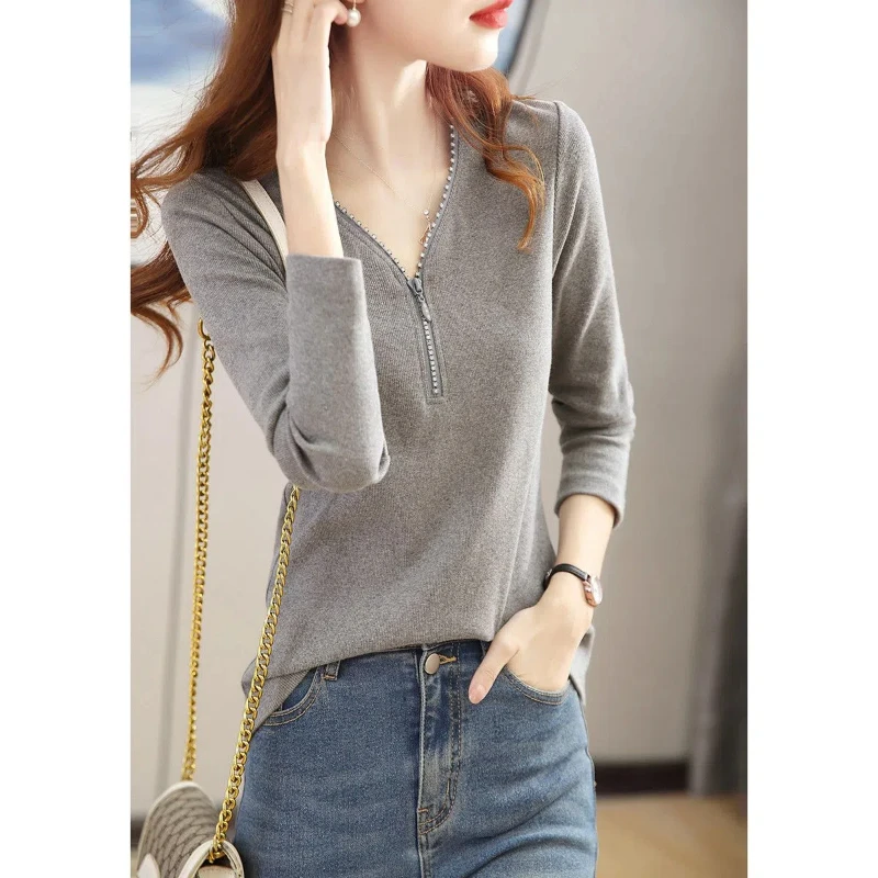 Spring Autumn Fashion V-neck Long Sleeve Solid Color Women\'s Clothing Zipper Trend Pullovers Simplicity All-match Knitting Tops