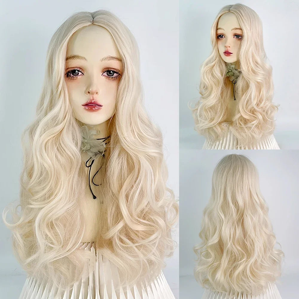 

Synthetic Long Wavy Women Blonde Wig Heat Resistant Fluffy Lolita Cosplay Wig Middle Part for Daily Party