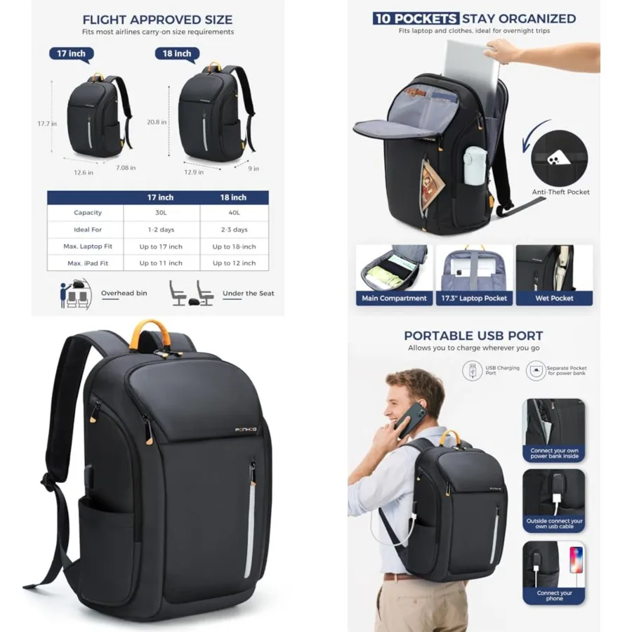 

Laptop Backpack for Men, Busess Travel Anti-Theft Backpack with USB Chargg Port, Water Resistant Computer Bag Carry On Flight A