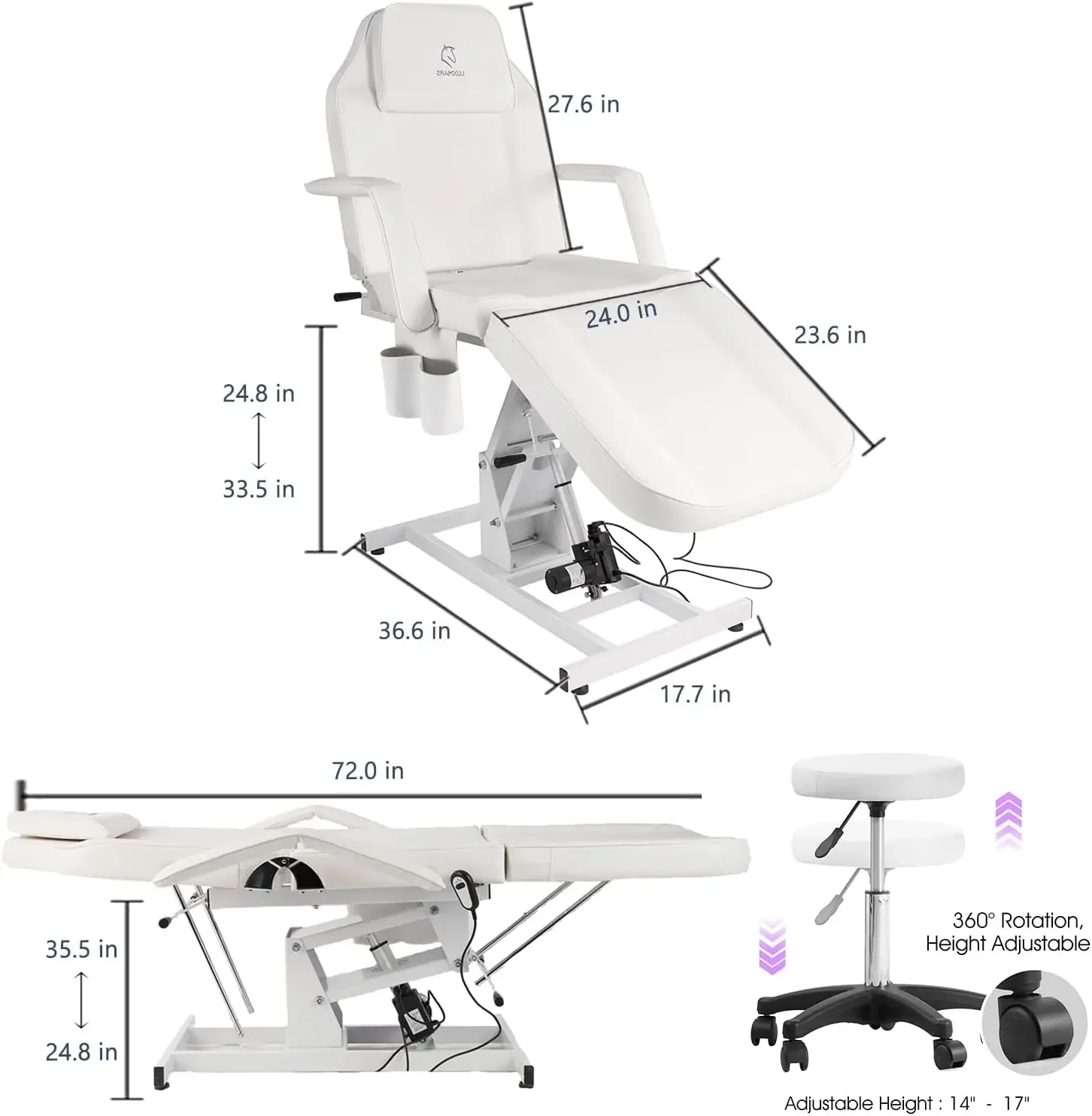 for Facial Chair Electric Tattoo Chair Height Adjustable Facial Massage Bed for Esthetician Spa Beauty White