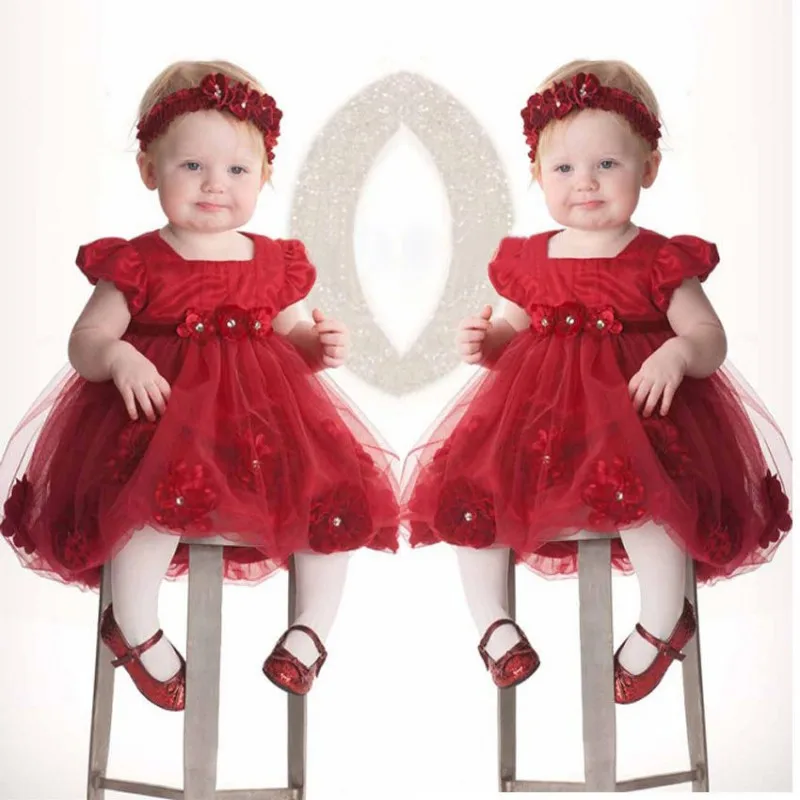 Newborn Baby Girls Dress Wedding Party Princess Dress With Headband Red Puff Sleeve Lace Bow Flower Summer Red Elegant Skirt