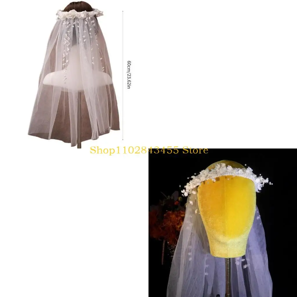 

49MC Delicate Wedding Bride Veil with Beadwork Flower Girls Bride Long Tulle Wedding Tiaras for Gorgeous Women Photography