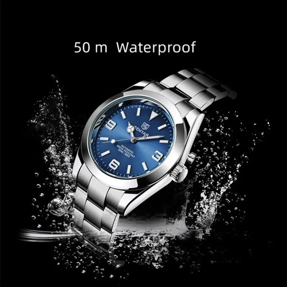 BENYAR Automatic Movement  Mechanical Watches for Men 5177 Classic Waterproof 50M Luminous Stainless Steel Mens Watch Gift BOX