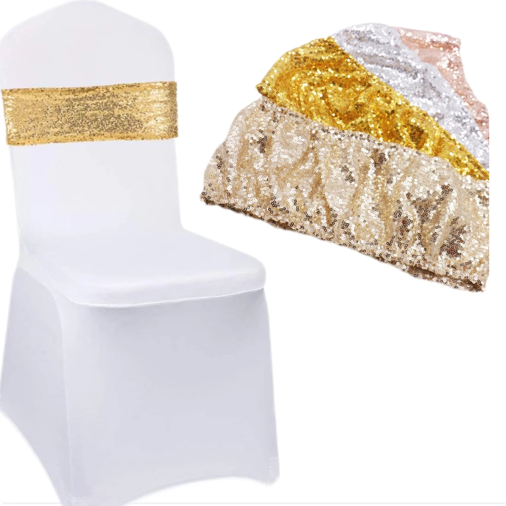 10/50Pcs Gold Sequin Chair Sashes Chair Decor Chair Band Wedding Sequins Decor Elastic Straps Shiny Chair Covers for Party Hotel