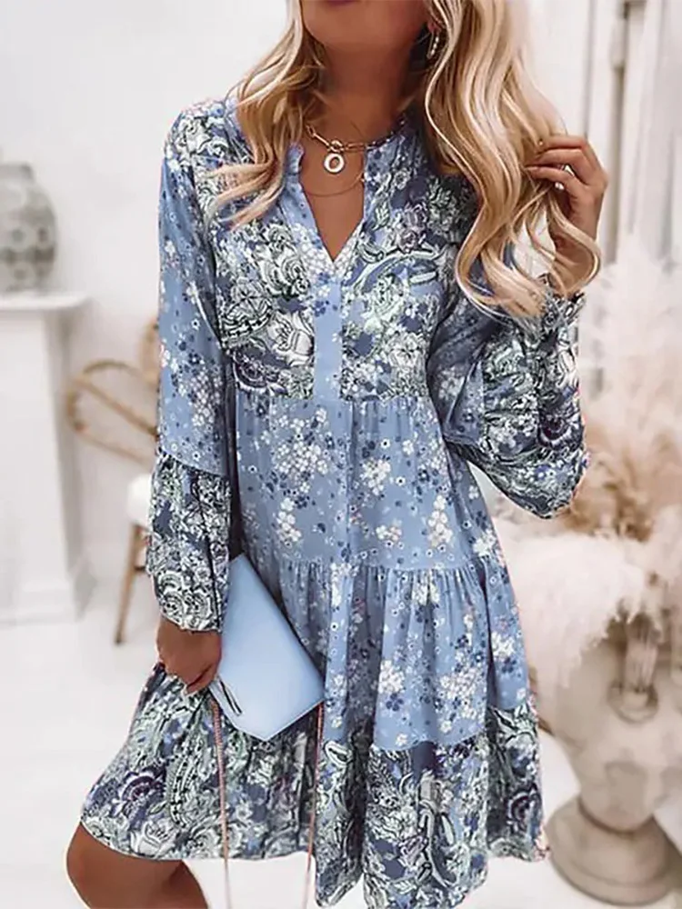 Elegant Retro Floral Print Flare Sleeve Mini Dress Women Spring Summer Ruffle Loose Women Party Dress Casual V Neck Beach Dress