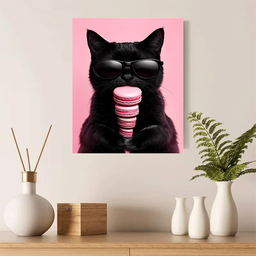 1PC-Canvas poster Unframed  Black Cat Wearing Sunglasses Holding Pink Macarons Art Print  summer