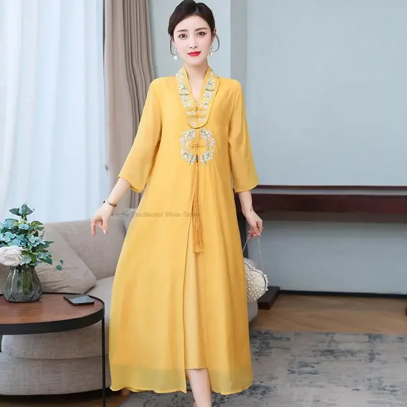 

Chinese Style Modified Qipao Retro Chinese Style Embroidered Qipao Women Zen Style Tea Loose Dress Cheongsam Robe Chinoise