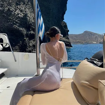 Fashion Women Wrapped Dress Long Sleeve Round Neck See Through Sunscreen Solid Color Backless Beach Long Dress Summer Cover Up 5 Fashion Women Wrapped Dress Long Sleeve Round Neck See Through Sunscreen Solid Color Backless Beach Long Dress Summer Cover Up 5