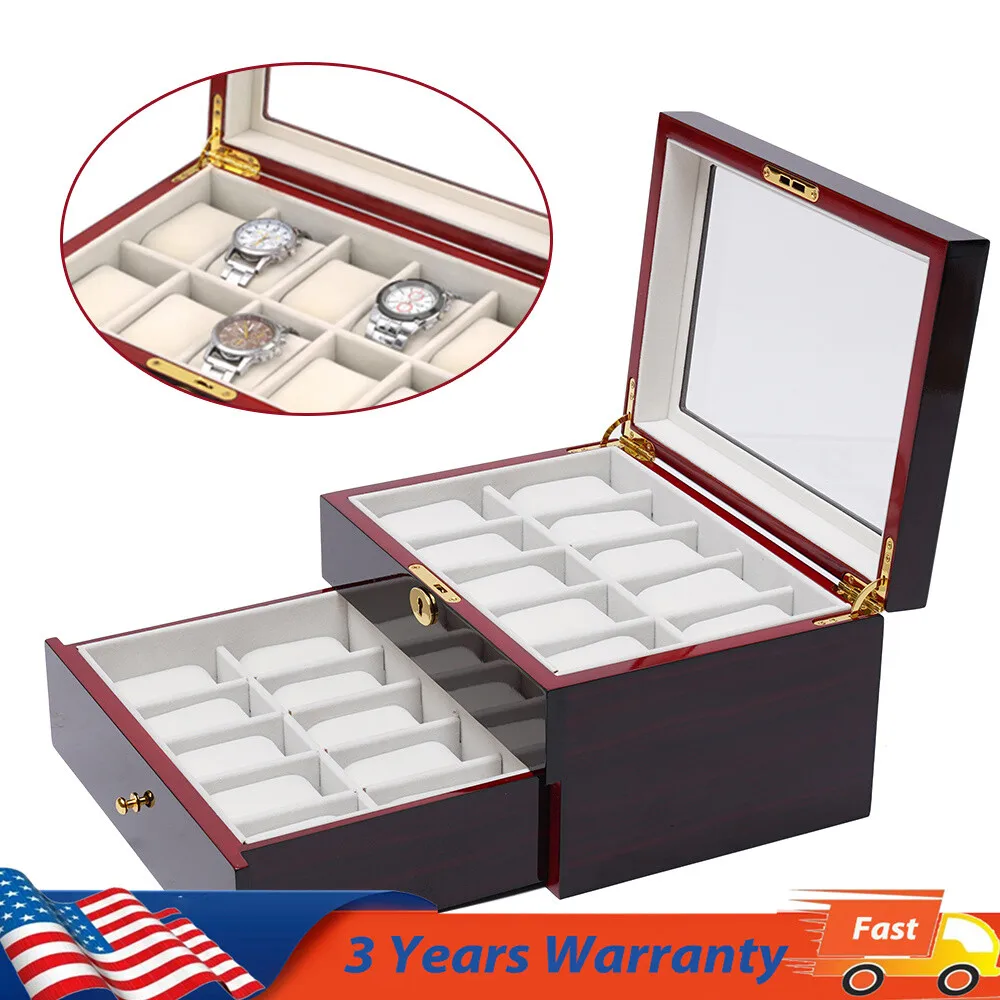 

20 Slot Wood Watch Box Display Case Glass Top Jewelry Storage Organizer Box+Lock