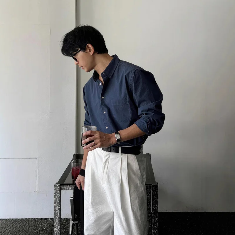 

Мужская рубашка с длинным рукавом в корейском стиле2025Новый стиль с отложным воротником Повседневная рубашка в ленивом стиле с элитным ощущением