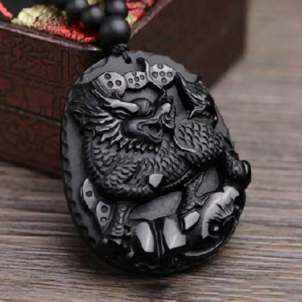 Natural Obsidian Carved Kylin Lucky Amulet Pendant Charm Pendants Gift Quartz Choker Gemstone Reiki Wholesale Women Steel Zodiac