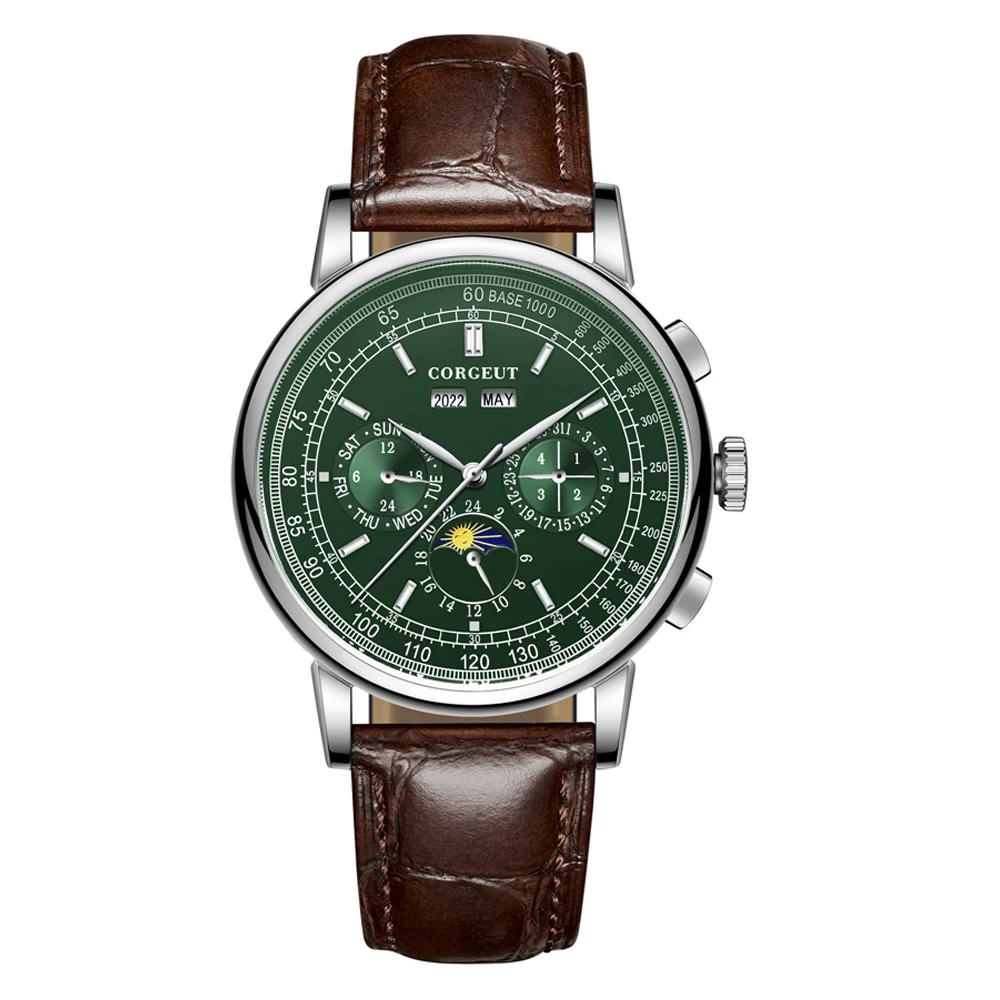 Corgeut Luxury Brand Mens Watch Moon Phase multifunzione anno giorno settimana in pelle Sport orologio maschile automatico Relogio Masculino