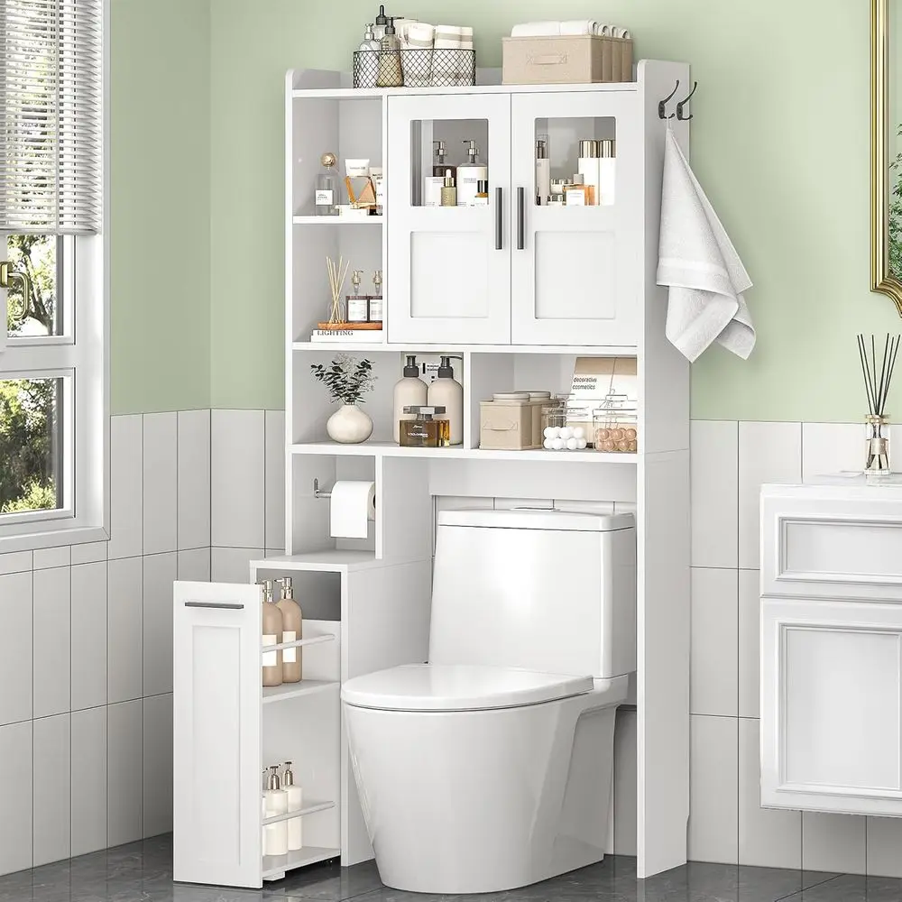 Over The Toilet Storage Cabinet with Pulley Bathroom Storage Cabinet, Home Space-Saving Over Toilet Rack with Glass Do& Open Adj