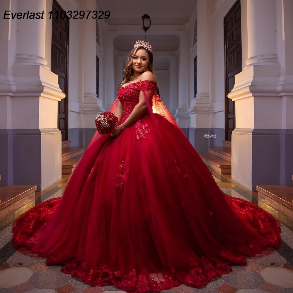 

EVLAST Customized Glitter Red Quinceanera Dress Ball Gown Floral Applique Beaded With Cape Sweet 16 Vestido De 15 Anos QD1182