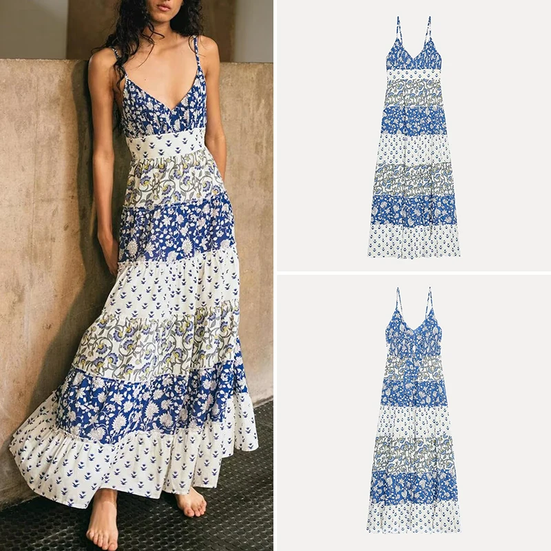 2025 verão novo feminino Faion Patchwork estampa em camadas Dr cintura alta Svel saia longa Sle Vaion tema poliéster...