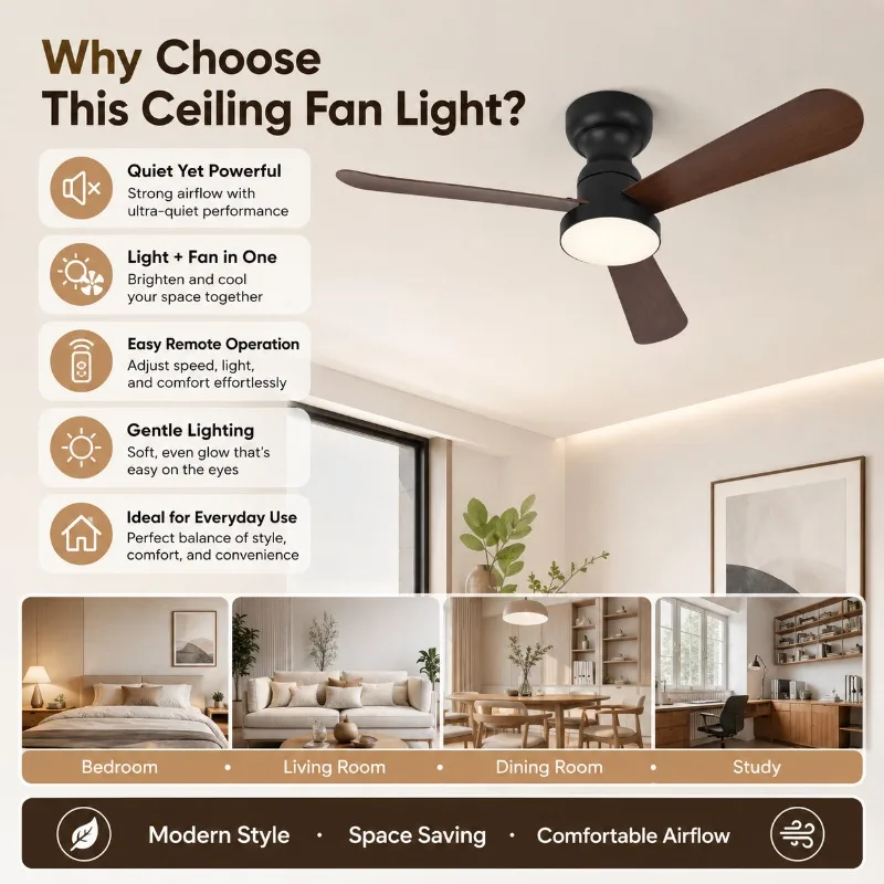 28 35 42 Inch Ceiling Fan with LED Light Remote Control Quiet Wood Grain Blades for Bedroom Dining Room Home Ceiling Fan Light