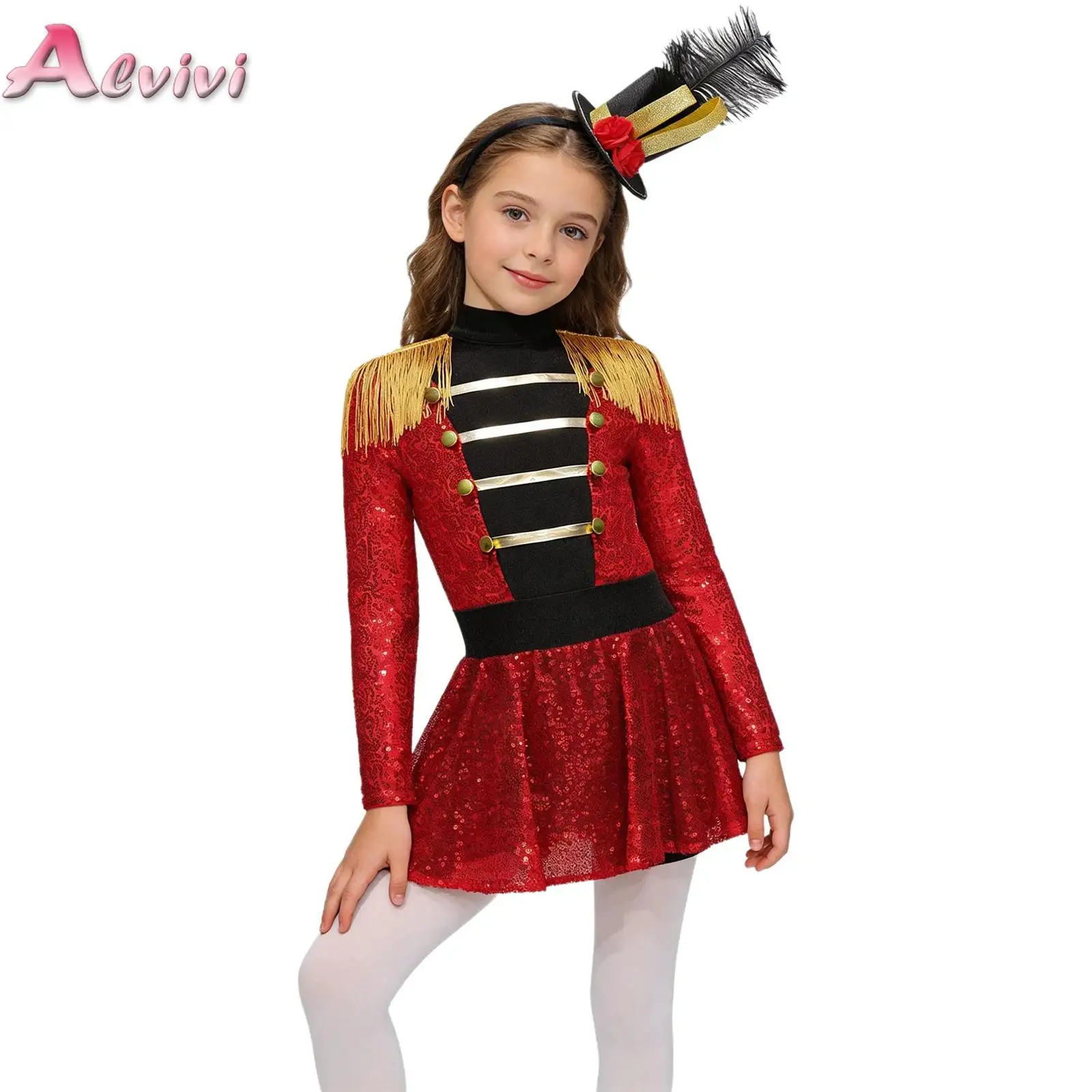 Kids Girls Ringmaster Circus Costume Set Tassel Shoulder Sequin Bodysuit with Mini Top Hat Feather Headband for Halloween Party