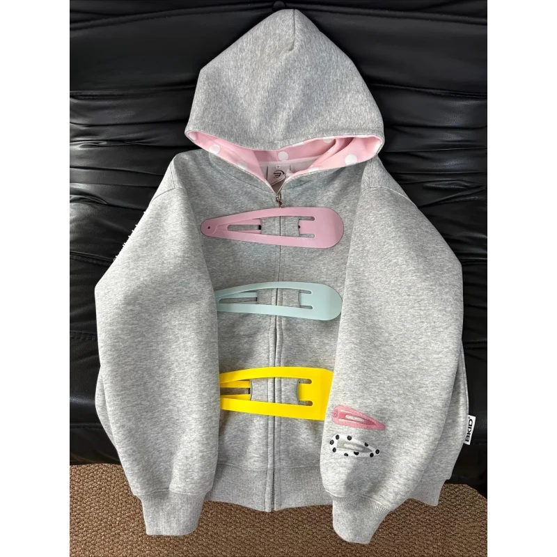 American Fun Abnehmbare Haarspangen-Sweatshirt-Jacke, süße Retro-Reißverschlussjacke, gepunktete Kapuzen-Sweatshirt-Jacke im Punk-Stil
