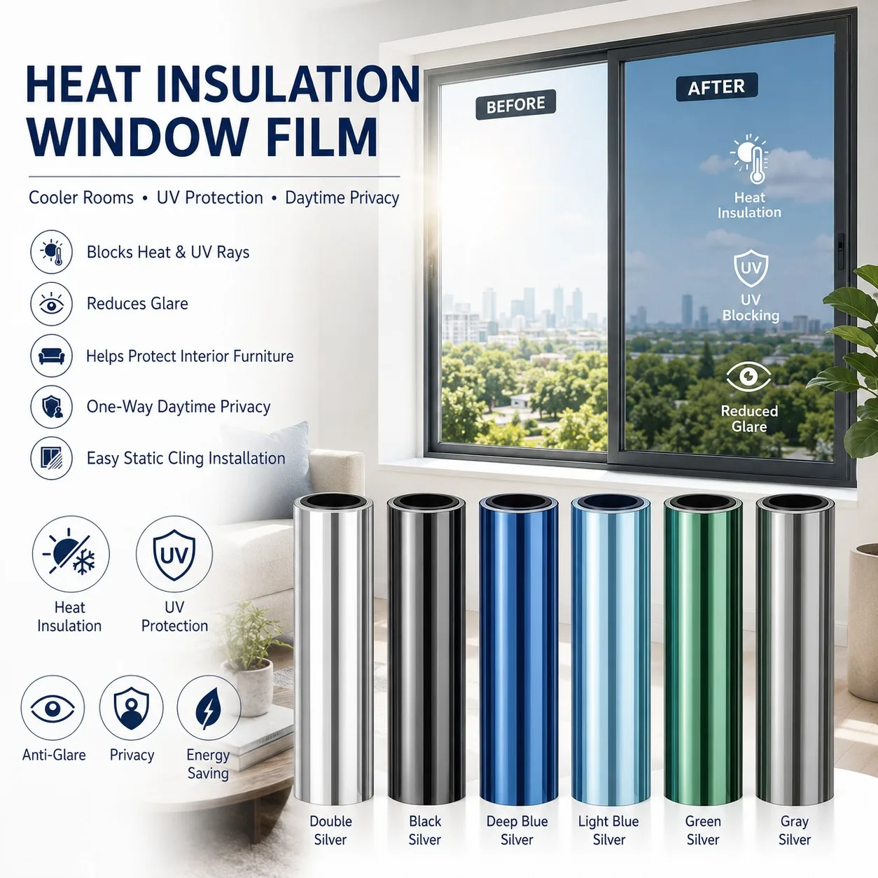 Daytime One Way Privacy Window Film Silver Blue Silver Light Block Heat Control for Home Balcony Glass