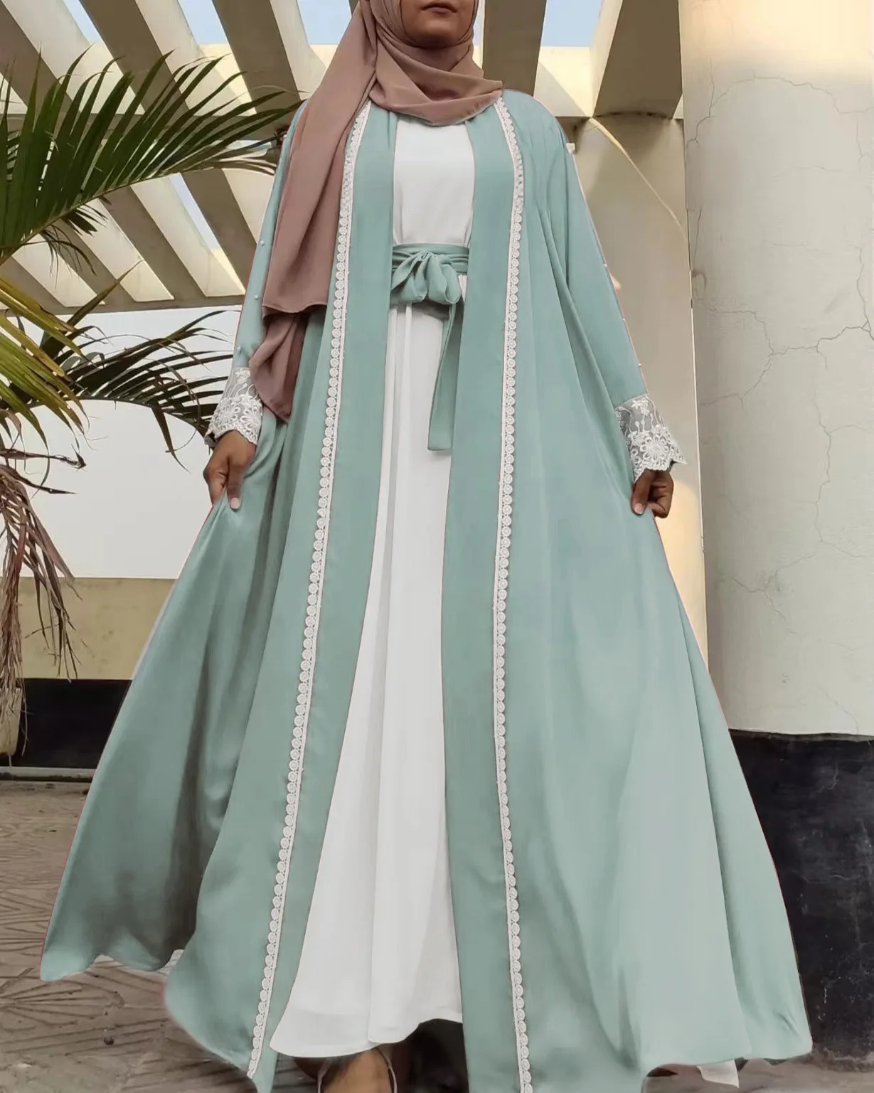 Eid Muslim Open Abaya Lace Embroidery Islam Jalabiya Kimono Cardigan Dress Dubai Woman Robe Kaftan Gown Caftan Ramadan Kebaya