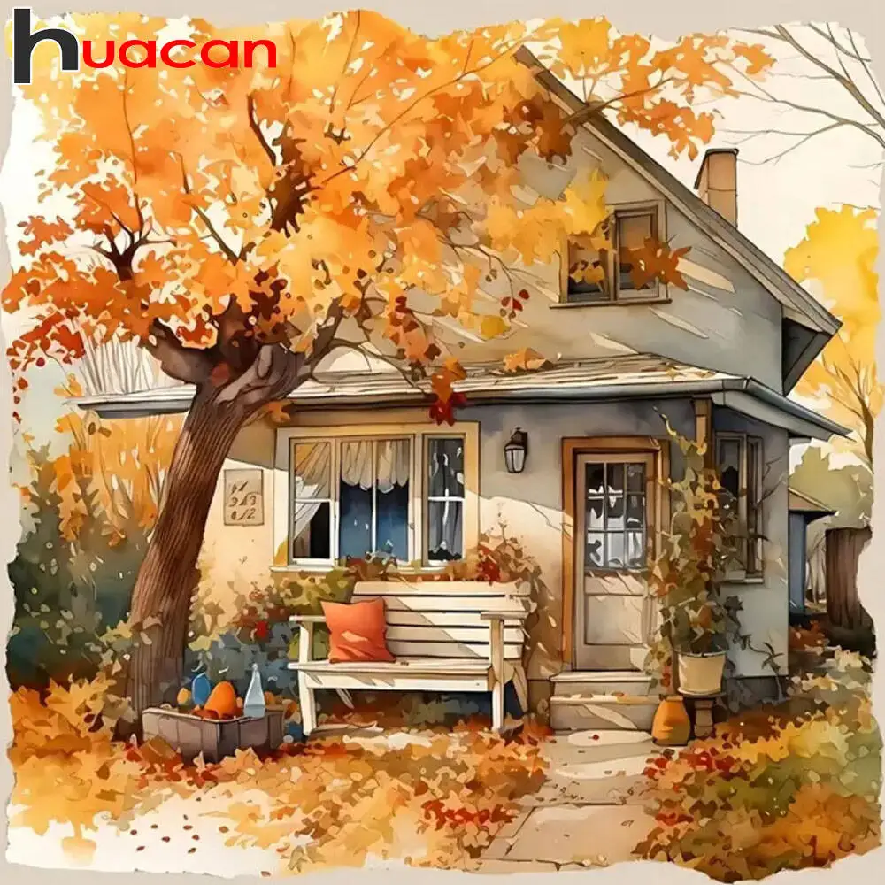Huacan 5D Full Drill Diamond Painting Autumn Leaf House Scen