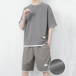 Summer Fashion Casual New Ice Silk Shorts Set Men Panelled Round Neck Short Sleeved T-shirt Elastic Waist Drawstring Pocket Set