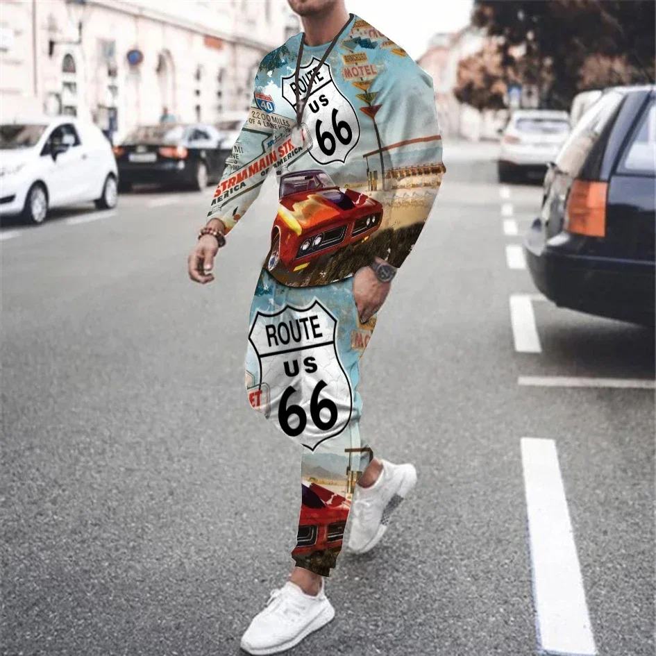 Fashion Men Tracksuit Suit Long Sleeve Tshirt Trouser 2 Piece Set Route 66 Print Men\'s Oversized Clothes Trend Retro Streetwear