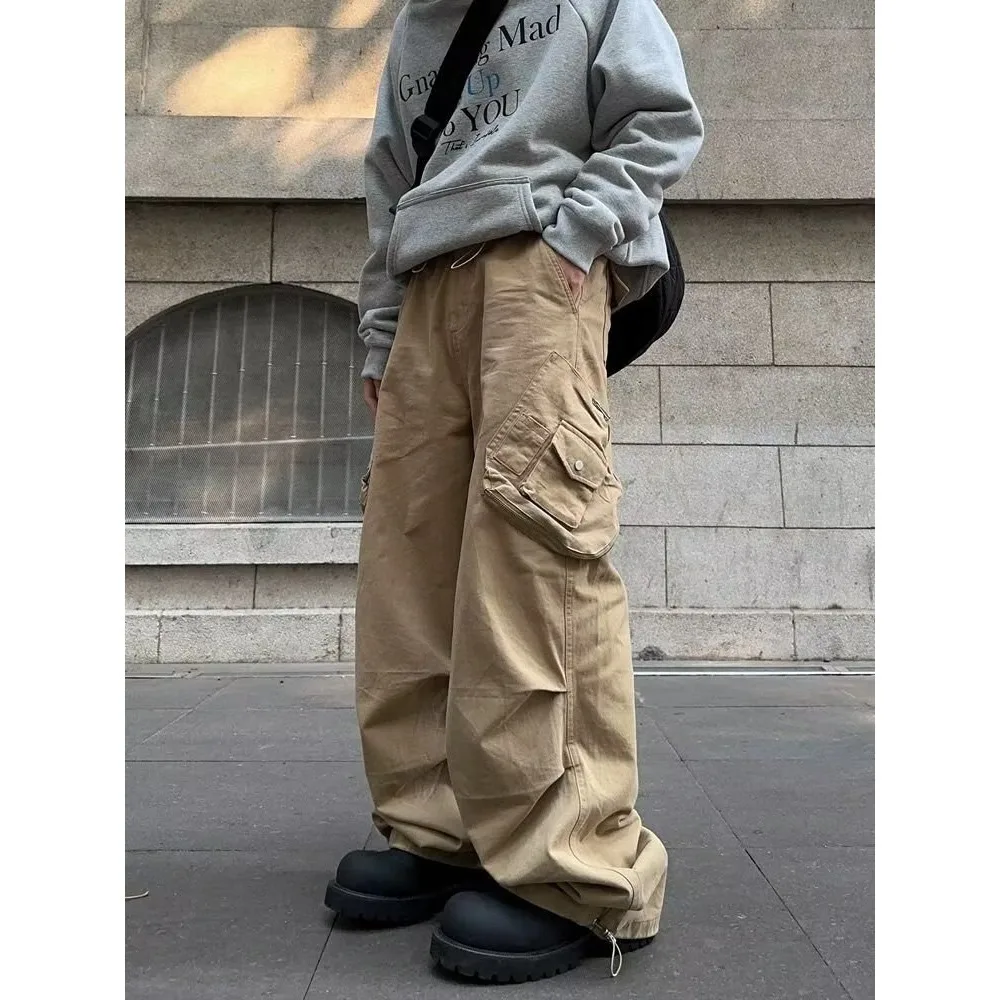 Large Pocket Workwear Casual Pants, Loose Zipper Straight Leg Wide Leg Pants