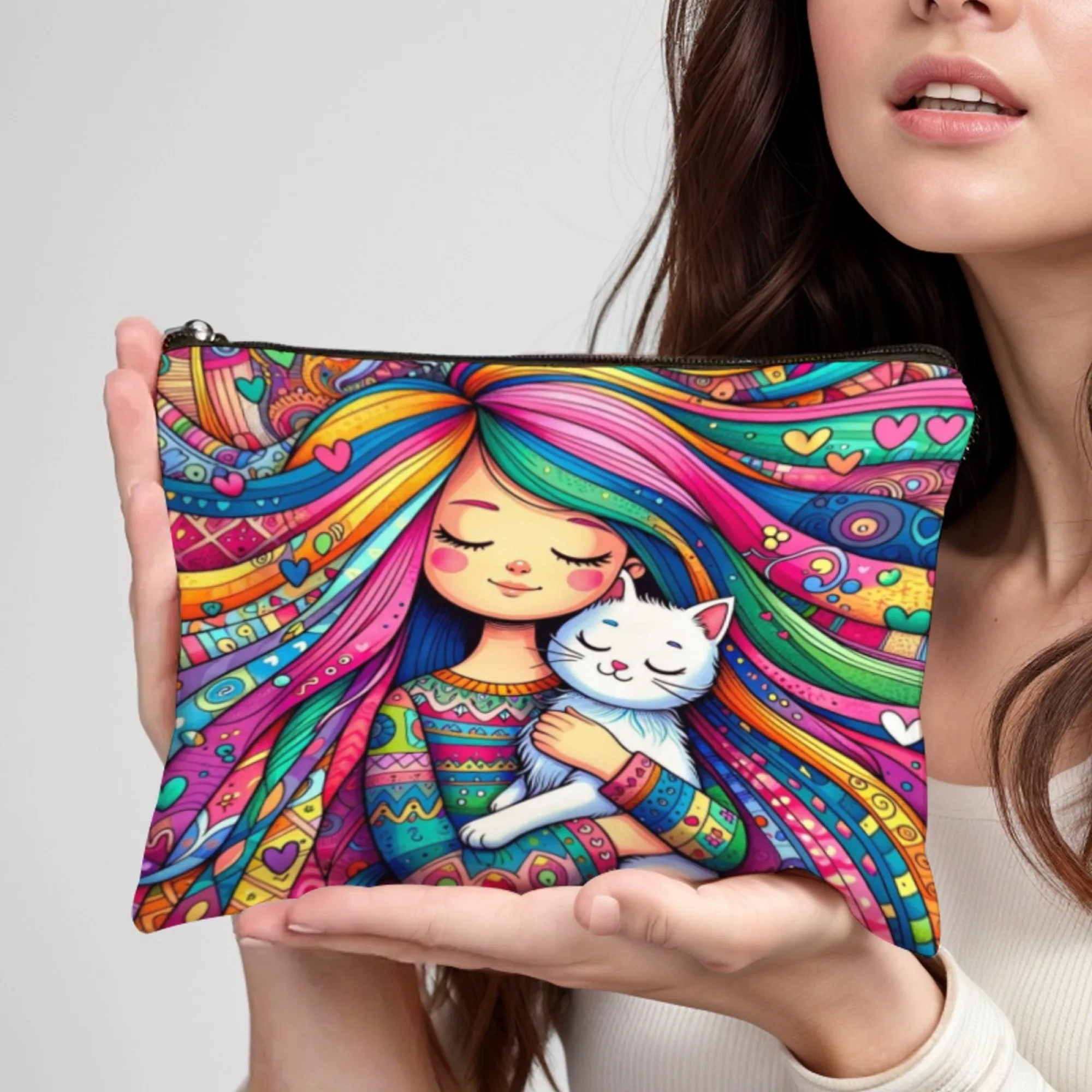 

Cute Rainbow Girl White Cat Makeup Pouch Boho Colorful Zipper Bag Cosmetic Organizer Travel Toiletry Storage Bag for Women