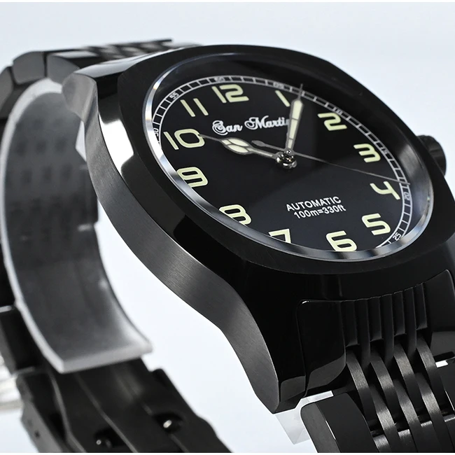 San Martin Men Automatic Watch Black Watches Mechanical Wristwatch Sapphire 100M Waterproof C3 Luminous PT5000 SW200