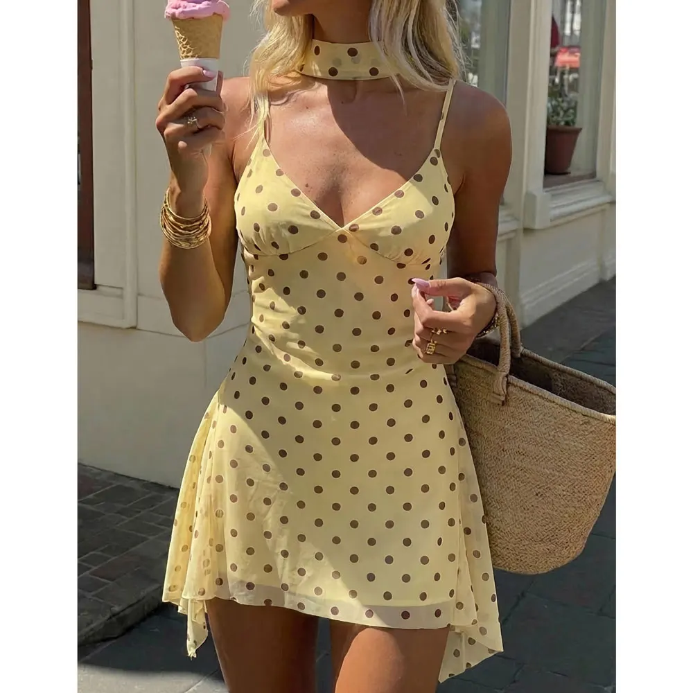 Sexy Backless Mini Dress With Neck Tie, Ruched Hem And Double Layer, Suitable For Party, Date, Valentine's Day,Summer Dre