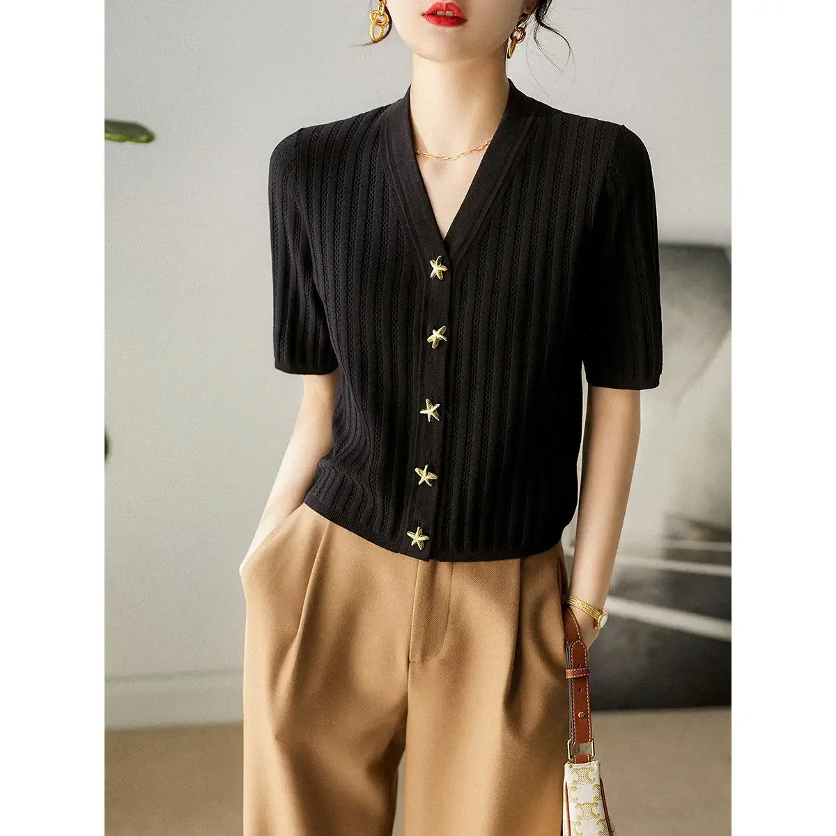 

Summer Women's V-Neck Knit Cardigan, Solid Color Short Sleeve Button Up Thin Tops Office Lady All-Match Blouse