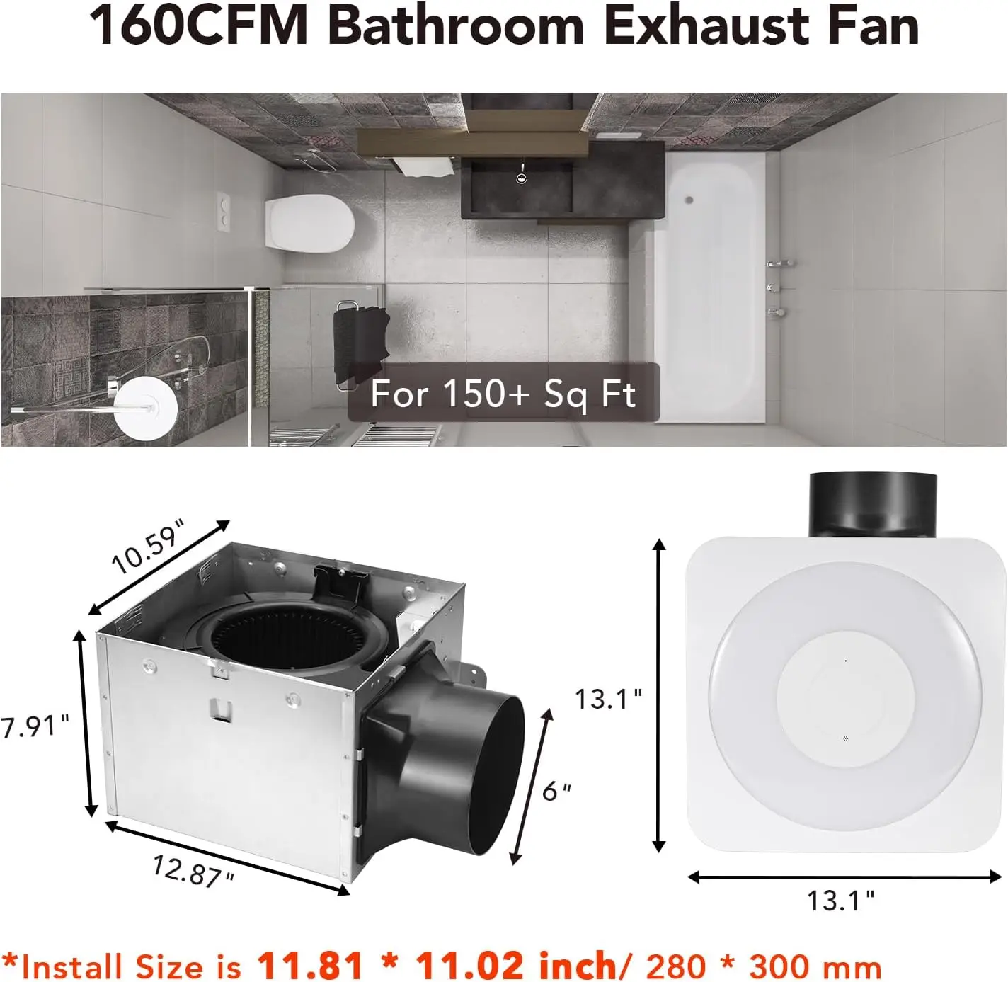 Bathroom Exhaust Fan with Light, 40W Bathroom Fan with Humidity Sensor, 160 CFM 1.0 Sones Bathroom Vent Fan with Lig
