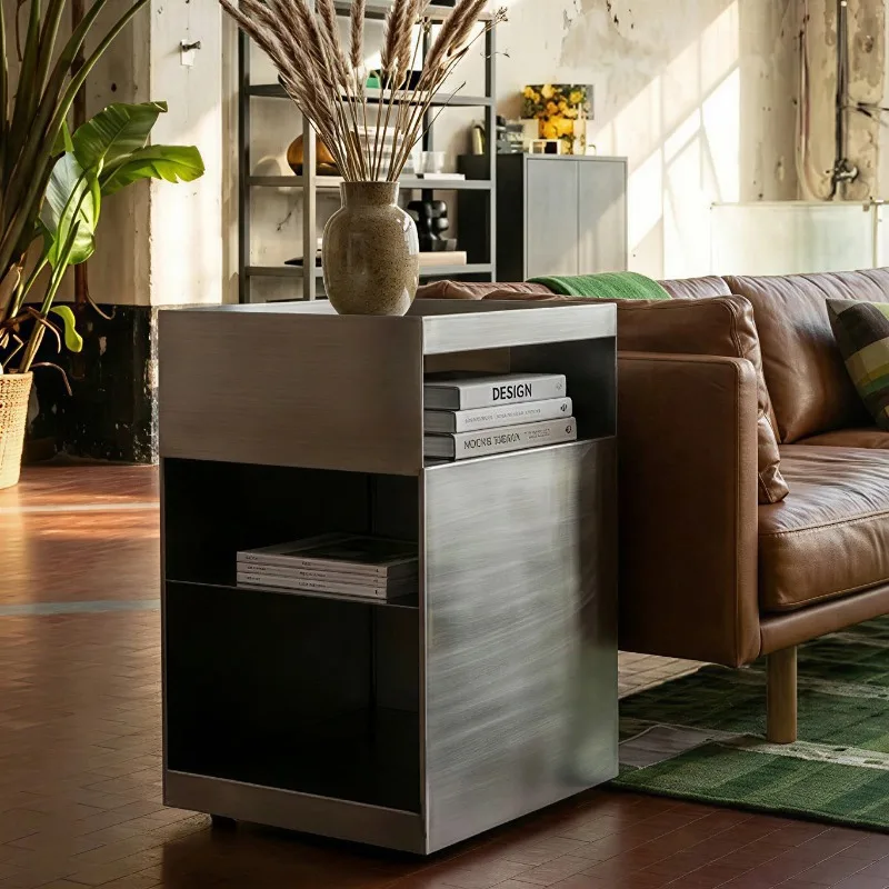 Art Metal Side Table Iron Small Nightstand for Bedroom Mobile Square End Table with Storage Minimalist Living Room Corner Stands
