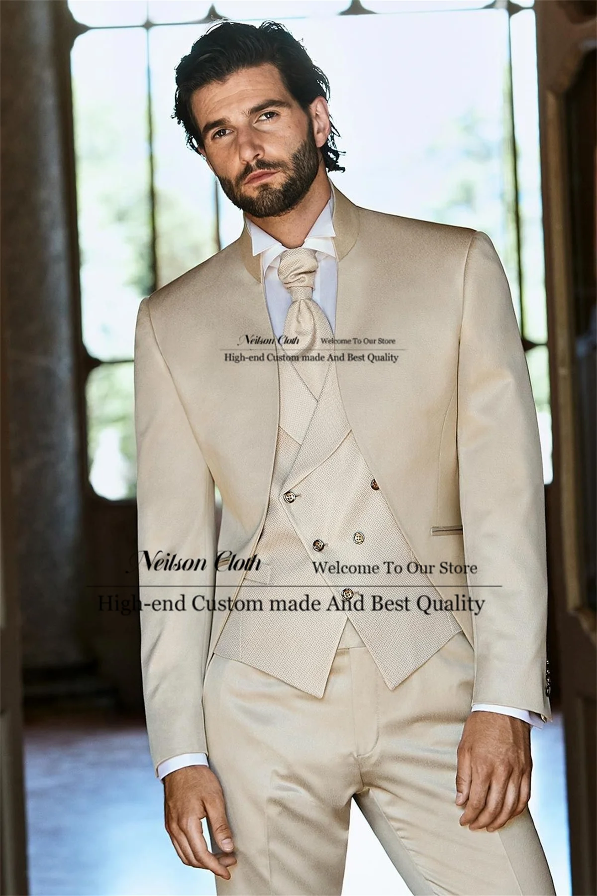 

Khaki Stand Collar Male Prom Blazers 3 Pcs Sets Groom Wedding Tuxedos For Men Business Customized Slim Fit Costume Homme