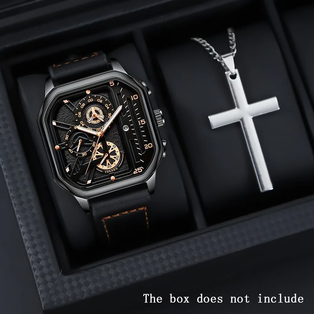 2 Pcs/set Fashion Men's Watch PU Leather Strap Quartz Watch Business Watch Watch and Necklace
