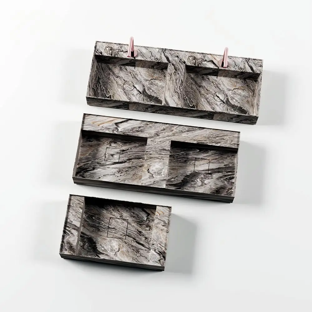 

Narrow Edge Thin Edge Double Basin Marble Luxury Stone Sink Roman Venice Brown Undermount Modern Bathroom Design Vanity