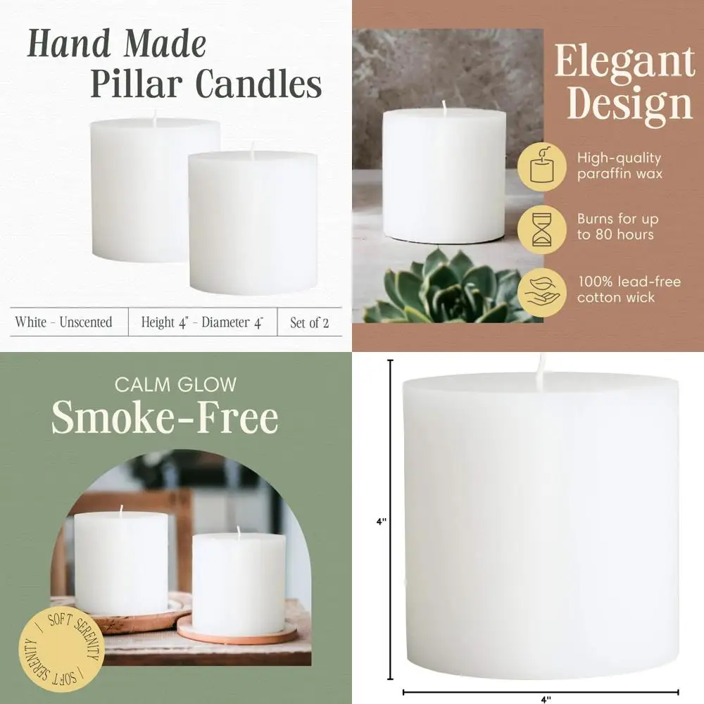 

- White 4" x 4" Hand Made Pillar Candles (Set of 2). Unscented, Dripless, Smokeless, Solid Color,