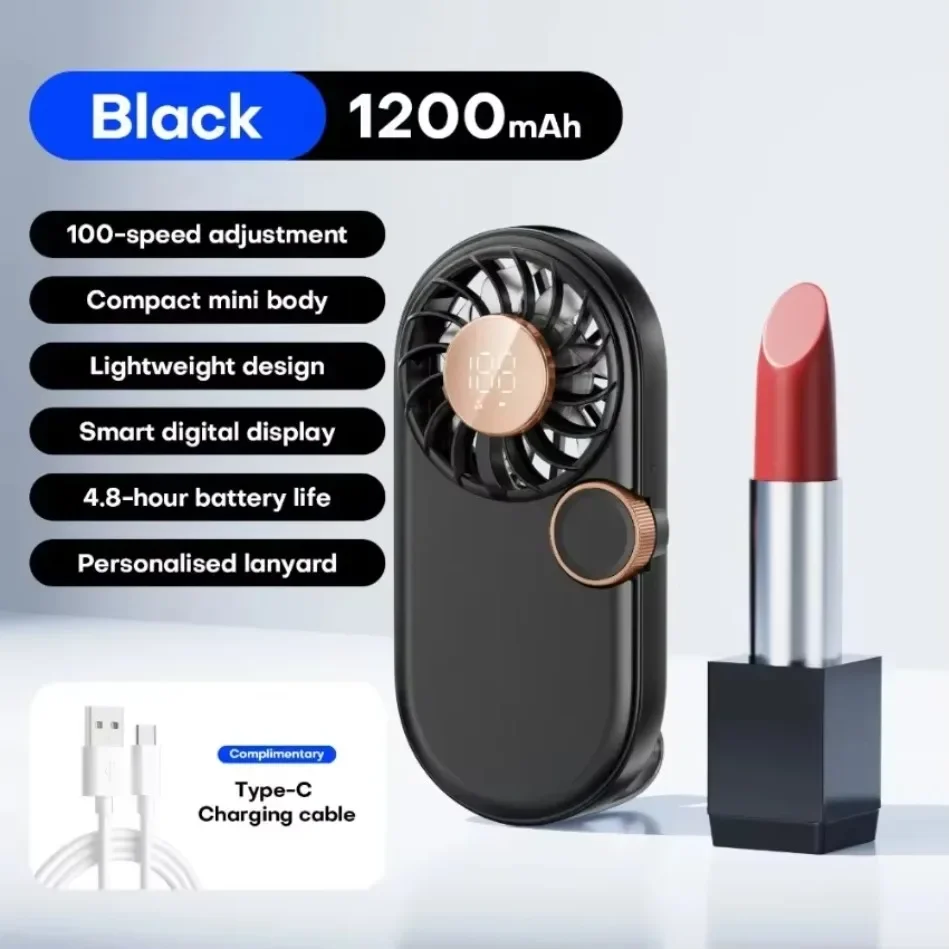 Pocket Size Mini Fan 1200mAh 7 Blades 5 Speed Quiet Portable Handheld USB Rechargeable Personal Fan With Lanyard Summer Travel
