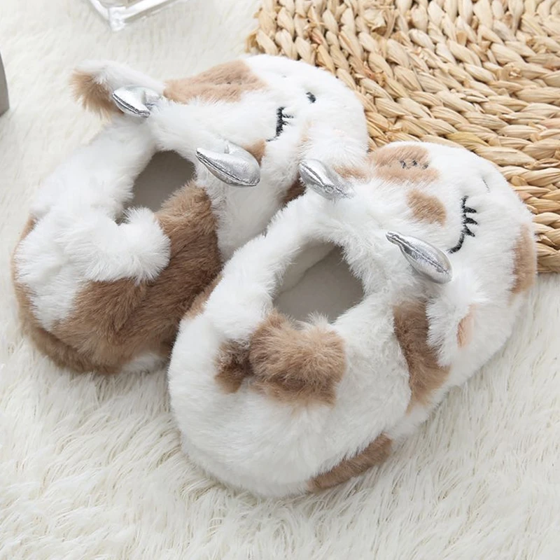 Fashion Toddler Boys Slippers for Winter Baby Loafers Plush Warm Cartoon Cows Rubber Sole Child Home Shoes Kids Indoor Footwear