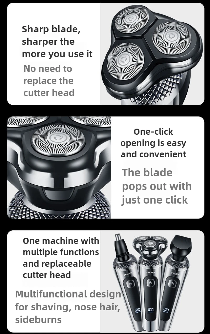 ماكينة حلاقة بشاشة رقمية ذكية مع شحن USB متعددة الوظائف لغسل الجسم بالكامل ورأس سكين عائم ماكينة حلاقة كهربائية